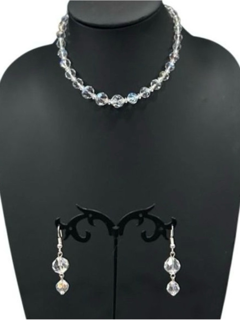 Vintage Choker Necklace & Dangling Earrings Set Clear Faceted Czech Glass Beads - Picture 9 of 10